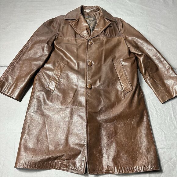 Vintage Eddie Bauer Leather Coat Jacket Men 42 Brown Good Down Liner Trench